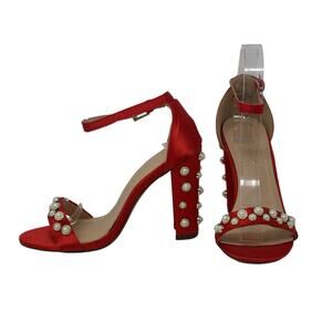 Chase + Chloe  Red Satin Pearl Block Heels Sandals 5.5